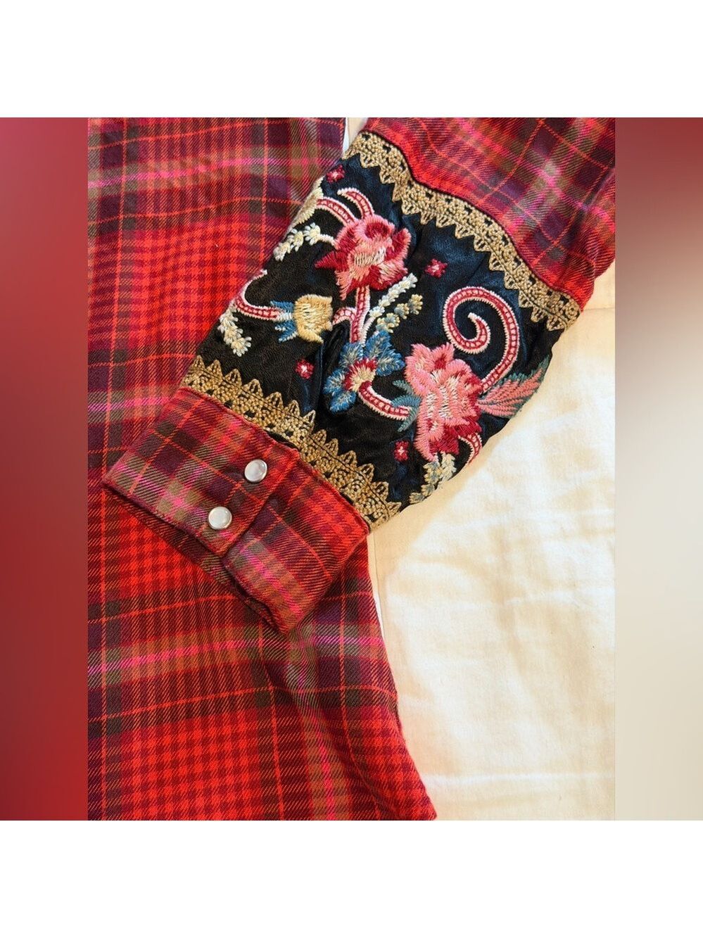 Johnny Was Esme Embroidered Western Pearlsnap Shirt Red Plaid Rodeo Women's XXS - Picture 9 of 14